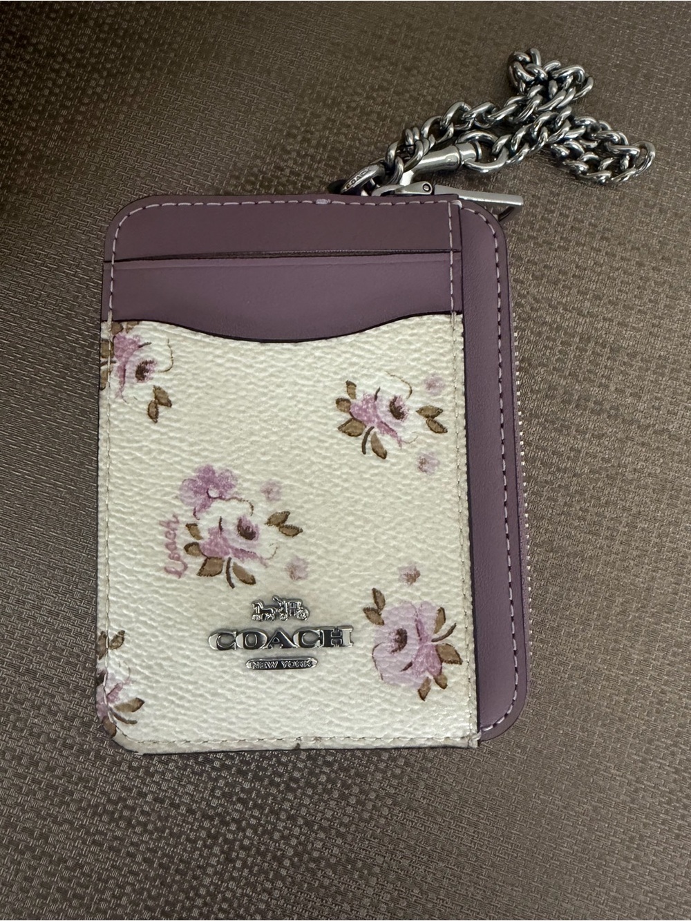 COACH Cream Floral Card & Key Holder with Purple Trim